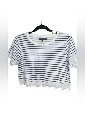 Topshop Petite Navy & White Stripe Lace‑Trim Crop Tee